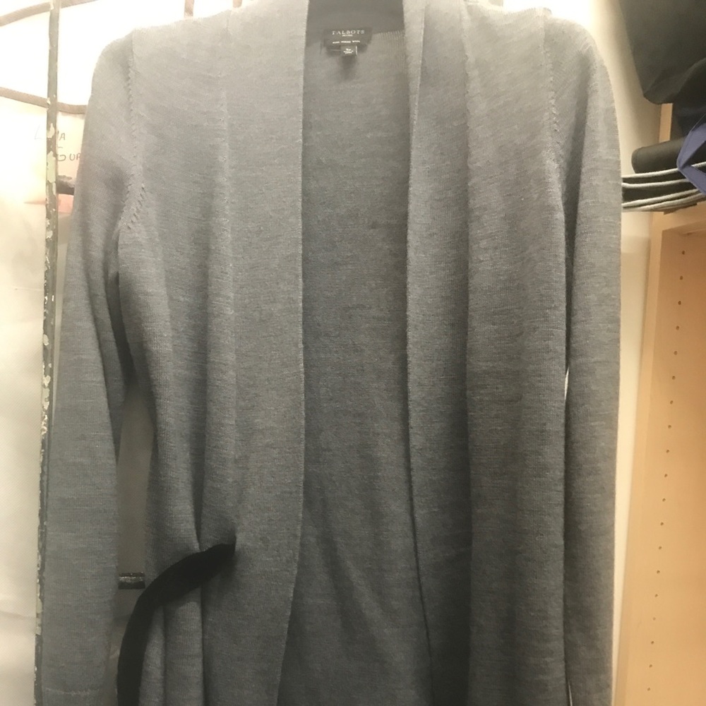 Talbots grey cardigan with black velvet belt.